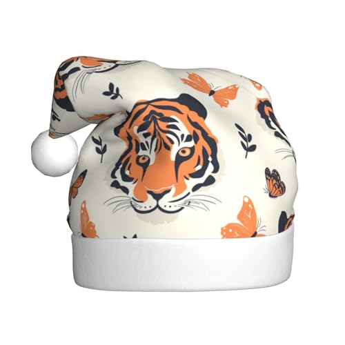 Woshuwo Weihnachtsmütze für Erwachsene, Motiv: Tiger und Schmetterlinge, Weihnachtsmannmütze von Woshuwo