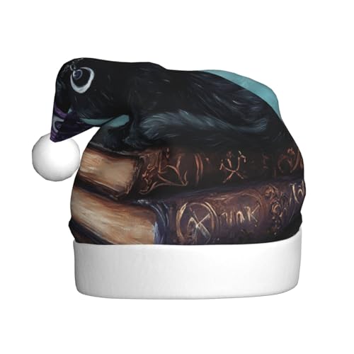 Woshuwo Weihnachtsmütze für Erwachsene, schwarze Katze auf Büchern, Weihnachtsmannmütze, Kopfbedeckung, Neuheit von Woshuwo
