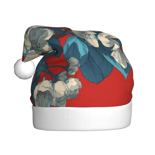Woshuwo Weihnachtsmütze für Erwachsene, weiße Blumen auf roten Pflanzen, Weihnachtsmannmütze von Woshuwo