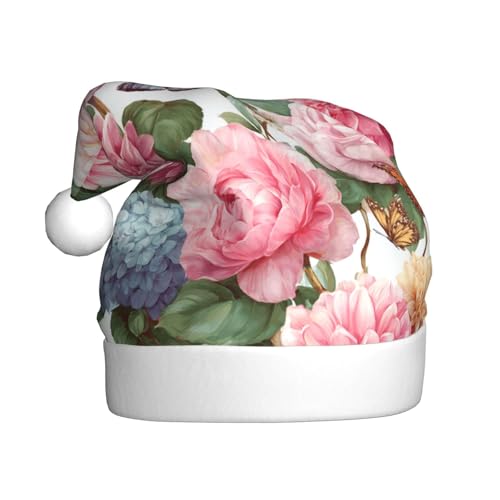Woshuwo Weihnachtsmütze mit Hortensien, Rosen und Dahlien, für Erwachsene, Weihnachtsmannmütze, Kopfbedeckung, Neuheit von Woshuwo
