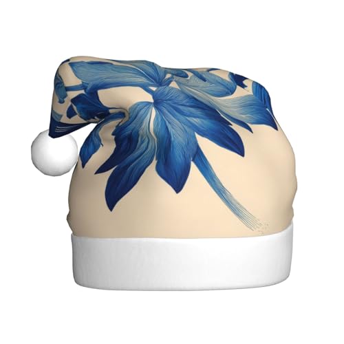 Woshuwo Weihnachtsmütze mit abstrakten blauen Blumen für Erwachsene, Weihnachtsmannmütze von Woshuwo