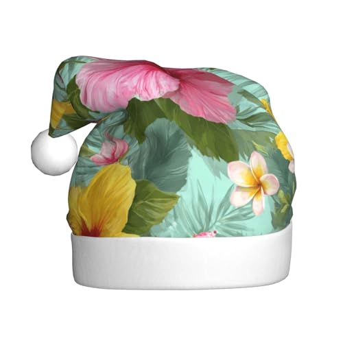 Woshuwo Weihnachtsmütze mit rosa und gelben Hibiskusblumen, Weihnachtsmannmütze für Erwachsene von Woshuwo