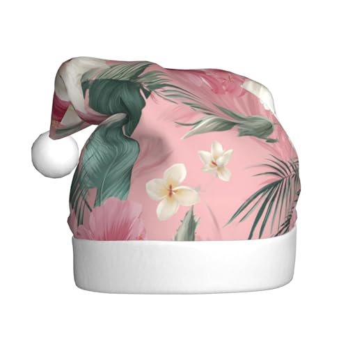 Woshuwo Weihnachtsmütze mit rosa und weißen Blumen, Bananenblättern, für Erwachsene, Weihnachtsmannmütze von Woshuwo