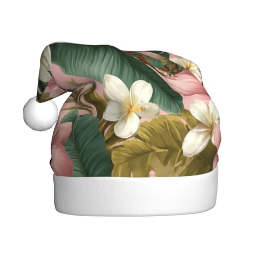 Woshuwo Weihnachtsmütze mit tropischen Bananenblättern, rosafarbene und weiße Blumen, für Erwachsene von Woshuwo