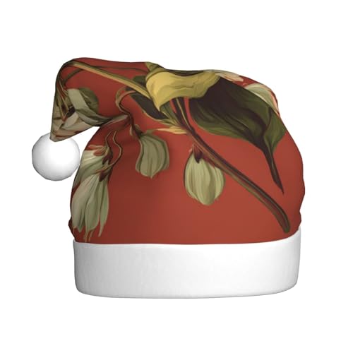 Woshuwo Weihnachtsmütze mit weißen Blumen auf roter Weihnachtsmütze für Erwachsene von Woshuwo