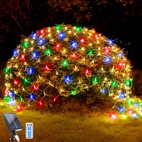 WoskjXas Lichternetz Solarleuchten Außen, 192 LEDs, 2 x 3 M Lichterkette Netz mit 8 Modi, Wasserdichte Baum Lichterkette, Design für Garten, Balkon, Zaun und Weihnachtsdeko (2M*3M, Bunt) von WoskjXas