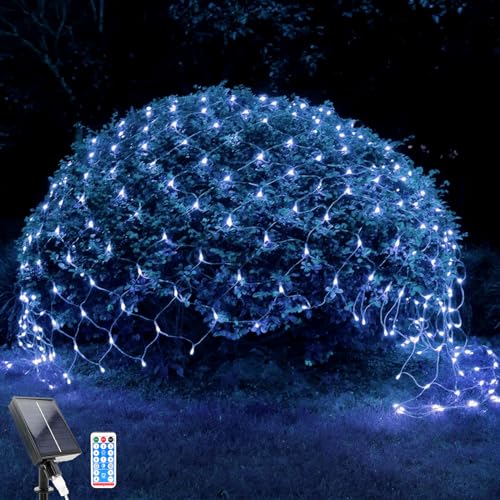 WoskjXas Lichternetz Solarleuchten Außen, 96 LEDs, 1,5 x 1,5 M Lichterkette Netz mit 8 Modi, Wasserdichte Baum Lichterkette, Design für Garten, Balkon, Zaun und Weihnachtsdeko (1.5M*1.5M, Blau) von WoskjXas