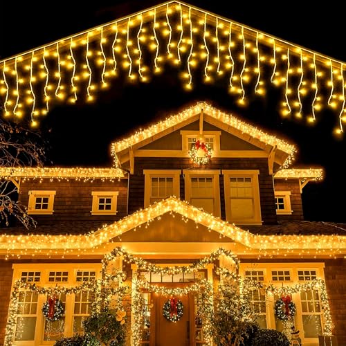 WoskjXas Solar Eisregen Lichterkette Außen 8M 288 LEDs Eiszapfen Lichterkette Wasserdichte Vorhang Lichter mit 8 Modi Timer Fernbedienung, Außen Eiszapfen Weihnachtsbeleuchtung [warm weiß] von WoskjXas