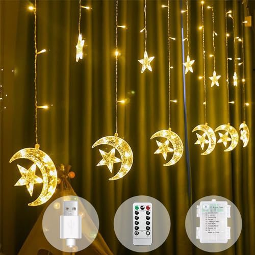 Woukksy LED Lichterkette für Ramadan Deko, 3.5M Stern Mond Lichtervorhang mit Timer & Fernbedienung, 8 Modi Lichterketten Fenster Innen für Balkon, Hochzeit, Party Dekoration (moon and star) von Woukksy