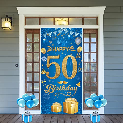 50. Geburtstag Dekoration Banner Hintergrund - Deko 50. Geburtstag für Frauen Männer Blau und Gold 50. Geburtstagsbanner Fotohintergrund Geburtstagsdeko Happy Birthday Deco Party Zubehör von Woyamay