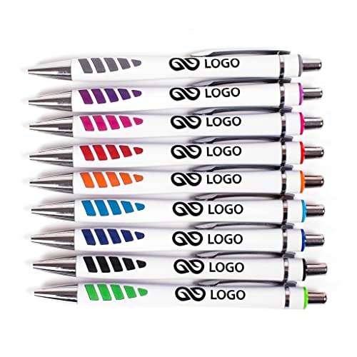 WPRO 100x Kugelschreiber Frank aus Kunststoff | individuell bedruckbar, Metallclip, 9 Farben, Druckknopf, blau schreibend bedruckt Werbeartikel von WPRO