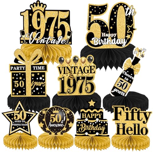 Dekorationen zum 50. Geburtstag – 9 Stück 50. Geburtstag 1975 Geburtstag Party Tischdekoration Zubehör für Männer Frauen Schwarz und Gold Vintage 50 Jahre alt Wabendekers (50 Dekorationen zum 50. Geburtstag – 9 Stück 50. Geburtstag 1975 Geburtstag Party Tischdekoration Zubehör für Männer Frauen Schwarz und Gold Vintage 50 Jahre alt Wabendekers (50 von Wqafe