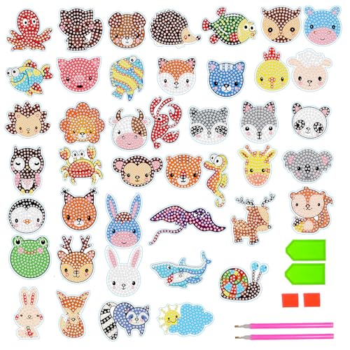 Wqafe 46 Stück DIY Diamond Painting Kinder Sticker Aufkleber Set 5D Diamant Painting Klein Tiere Mosaik Llebebilder Bilder Malerei Diamontpating für ab 4 Diamant-Stickerei für Kinder und Anfänger von Wqafe