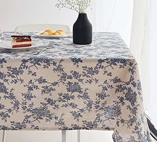 Wracra Blaue Blumenpastoral Abwaschbar Tischdecke Rechteckig Baumwolle Leinen Vintage Tischdecke 140×220cm Tischtuch Geeignet für Party Picknick Essen Garten(Blaues Blumen, Rechteckig 140×220cm) von Wracra