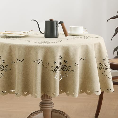 Wracra Macrame Wasserdichte Polyester Tischdecke, Knitterfreie Waschbare Tischdecken im Leinenstil für 2 bis 4 Sitzer, drinnen und draußen Tischdecke für Hochzeitsfeier und Heimdekoration (Rund,120cm) von Wracra