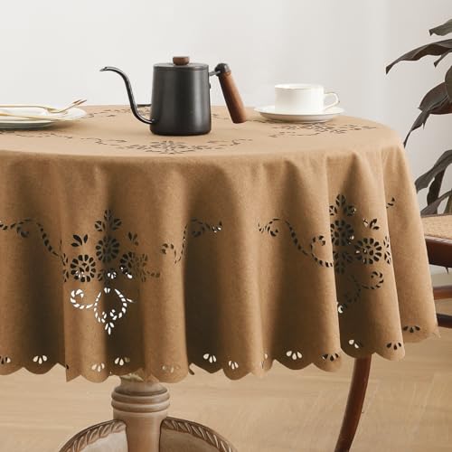 Wracra Macrame Wasserdichte Polyester Tischdecke, Knitterfreie Waschbare Tischdecken im Leinenstil für 4 bis 6 Sitzer, drinnen und draußen Tischdecke für Hochzeitsfeier und Heimdekoration (Rund,140cm) von Wracra