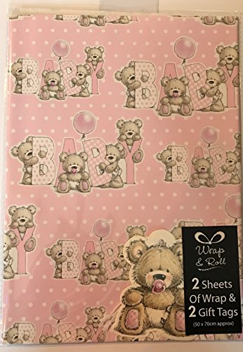 2 Blatt & 2 Tags Pink Teddy Mädchen Baby Geschenkpapier von Wrap And Roll
