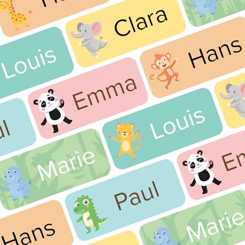 Namensaufkleber für Kinder (120 Stück) - Kleidung, Gegenstände & Schule/Kita - Namensschilder für Kleidung, personalisiert und waschmaschinenfest (Dschungeltiere) von Wraplab