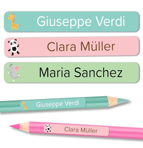 Namensaufkleber Kinder Schule für Schulsachen und Gegenstände (120 Stk - 50x7mm) - Wasserfeste Namensschilder für Kleidung - Kita und Schule (Dschungeltiere) von Wraplab