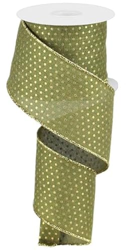 Drahtband, Moosgrün mit goldfarbenen Schweizer Punkten, 6,3 cm x 9,1 m von Wreath & Bow Co.