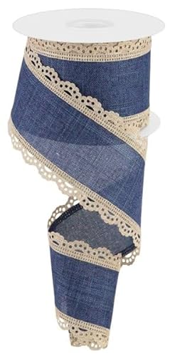 Royal Drahtband mit gewelltem Rand, 6,3 cm x 9,1 m, Jute, Marineblau mit hellbrauner Spitze von Wreath & Bow Co.