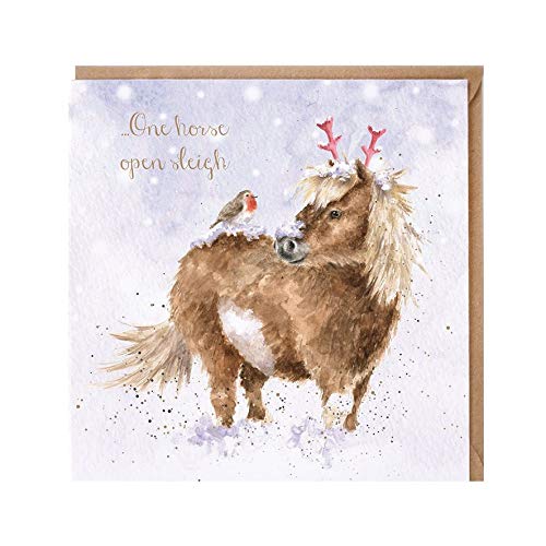 Wrendale - X065 - Doppelkarte mit Umschlag, Weihnachten, Pferd mit Rotkehlchen, One horse open sleigh, 15cm x 15cm, quadratisch von Wrendale Designs