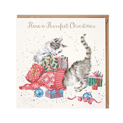 Wrendale - X080 - Doppelkarte mit Umschlag, Weihnachten, Katzen spielen mit Geschenken, Have a Purrfect Christmas, 15cm x 15cm, quadratisch von Wrendale Designs