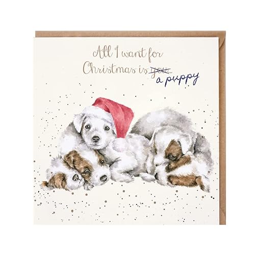 Wrendale - X082 - Weihnachtskarte, Doppelkarte mit Umschlag, Hund, All I want for Christmas is a puppy, 15cm x 15cm von Wrendale Designs