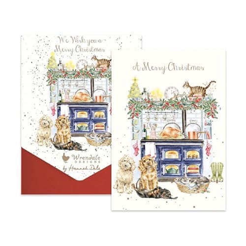 Wrendale - AXNCP031 - Kartenset Weihnachten, A Merry Christmas, 8 Klappkarten mit Umschlag, Tiere in der Küche, Maße Karte: 101 x 152 mm, beige von Wrendale Designs