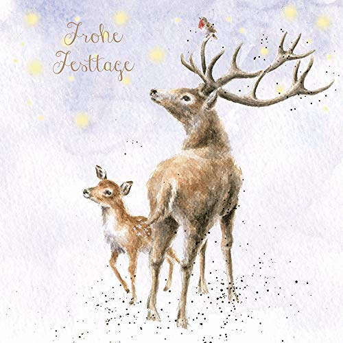 Wrendale Doppelkarte Weihnachten mit Umschlag, Frohe Festtage, Motiv Reh & Kitz,15x15 cm von Wrendale Designs