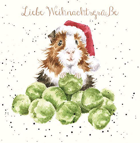 Wrendale Doppelkarte Weihnachten mit Umschlag, Liebe Weihnachtsgrüße, Motiv Meerschweinchen & Kohl,15x15 cm von Wrendale Designs