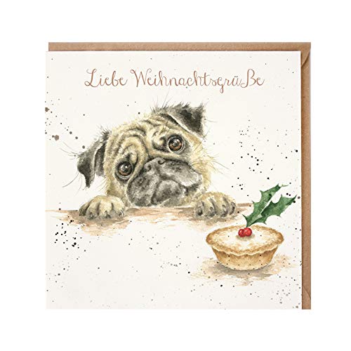 Wrendale Doppelkarte Weihnachten mit Umschlag, Liebe Weihnachtsgrüße, Motiv Mops mit Mincepie, 15x15 cm von Wrendale Designs