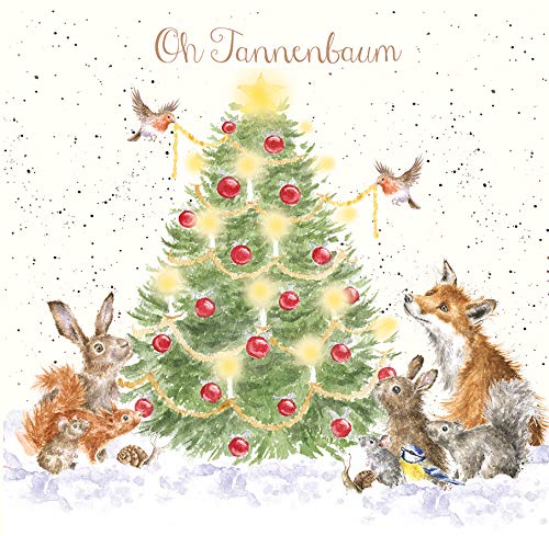 Wrendale Doppelkarte Weihnachten mit Umschlag, Oh Tannenbaum, Motiv Waldtiere um Tannebaum,15x15 cm von Wrendale