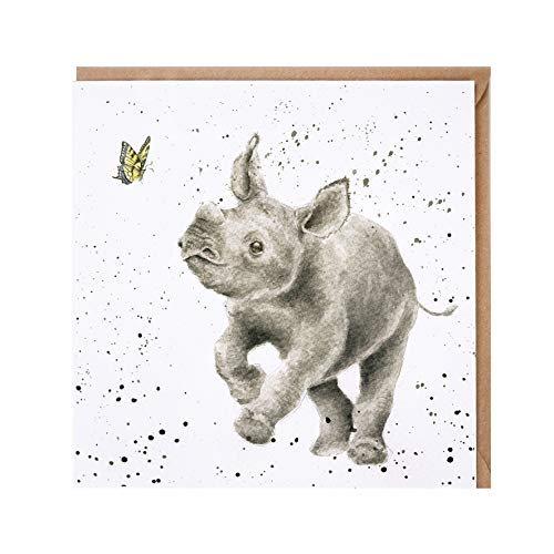 Wrendale Doppelkarte mit Umschlag, Motiv Nashornbaby jagt Schmetterling, Quadratisch, 15x15 cm von Wrendale