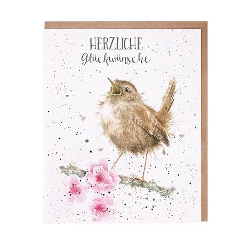 Wrendale Doppelkarte mit Umschlag, Vogel zwitschert, Herzliche Glückwünsche, 13,5x17 cm, rechteckig von Wrendale