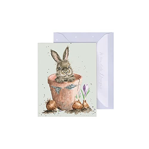 Wrendale - GE121 - Grußkarte, Doppelkarte mit Umschlag, Mini Karte, Nur für dich, Hase, Flower Pot Bunny, 7,5cm x 9cm, grün von Wrendale