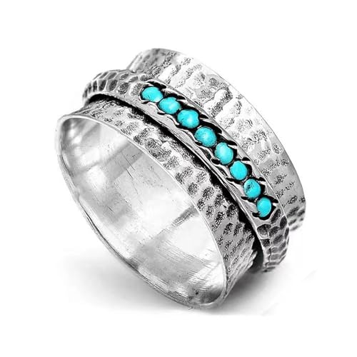 Wryhaul Türkis Spinner Silber Ring, Silber Spinner Ring Frauen, Türkis gehämmert Ringe, Spinning Ring, Boho Ring Türkis Band Ringe für Frauen, Vintage Statement Ring Angst Ring (1Stück,US-10) von Wryhaul