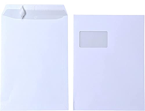 100x Versandtasche C4 A4 weiß mit Fenster, selbstklebend mit Abziehstreifen, mit grauen Innendruck, 120 g/qm, Maße 229 x 324 mm Umschläge Kuvert von TOKKA