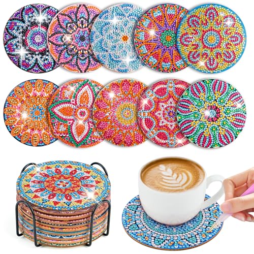 10 STK Diamond Painting Untersetzer mit Halter, Diamond Painting Erwachsene zum Basteln, 5D Diamond Painting Kinder Art Mandala Untersetzer rutschfest für Anfänger, Erwachsene & Kinder von WuGU