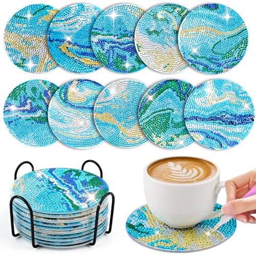 10 Stück Diamond Painting Untersetzer Mit Halter, Diamond Painting Erwachsene zum Basteln, Wiederverwendbare DIY Marine Tassenuntersetzer mit Diamanten für Anfänger, Erwachsene & Kinder von WuGU