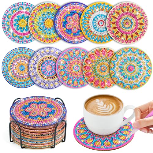 10 Stück Diamond Painting Untersetzer mit Halter, Diamant Tassenuntersetzer, Diamond Painting Erwachsene zum Basteln, DIY Mandala-Muster für Anfänger, Erwachsene & Kinder,Küche Wohnzimmer Dekoratio von WuGU