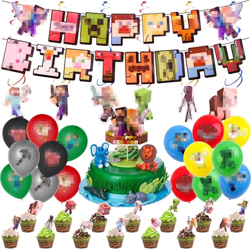 55 Stück Geburtstagsdeko Jungen Gamer Geburtstag Deko, Videospiele Kinder Geburtstag Dekoration Partyzubehör, Enthält Happy Birthday Banner, Cupcake Topper, Luftballons, Hängende Wirbel von WuGU
