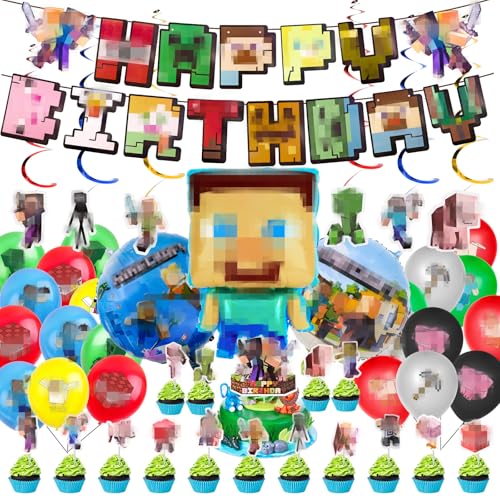 58 Stück Geburtstagsdeko Jungen Gamer Geburtstag Deko, Videospiele Kinder Geburtstag Dekoration Partyzubehör, Enthält Happy Birthday Banner, Cupcake Topper, Luftballons, Hängende Wirbel von WuGU