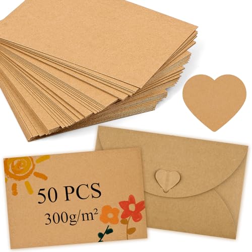 50 Stück A6 Kraftpapier, 15 x 10 Kraftpapier Karten mit 5 Braune Kraftumschläge, 300 g/m² Postkarten Blanko, Blanko Karteikarten,DIY Kreative Bastelprojekte für Drucken, Einladungen, Grußkarten von WuGU