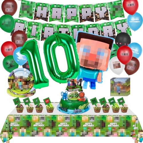 Dekoration zum 10. Geburtstag, Dekoration für Kindergeburtstage, 107 Stück, Kit Luftballons zum Geburtstag mit Banner, Luftballons, Kuchendekoration und Pappteller von WuGU