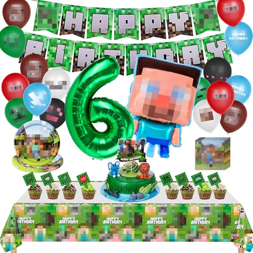 Geburtstagsdekoration 6 Jahre, Dekoration für Kindergeburtstage, 107 Stück, Kit Luftballons zum Geburtstag mit Geburtstagsbanner, Luftballons, Kuchendekoration und Pappteller von WuGU