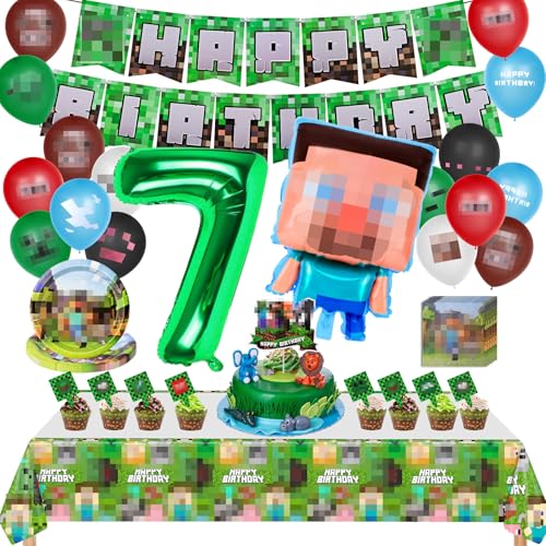 Geburtstagsdekoration 7 Jahre, Dekoration für Kindergeburtstage, 107 Stück Kit Luftballons Geburtstag mit Banner, Luftballons, Kuchendekoration und Pappteller von WuGU