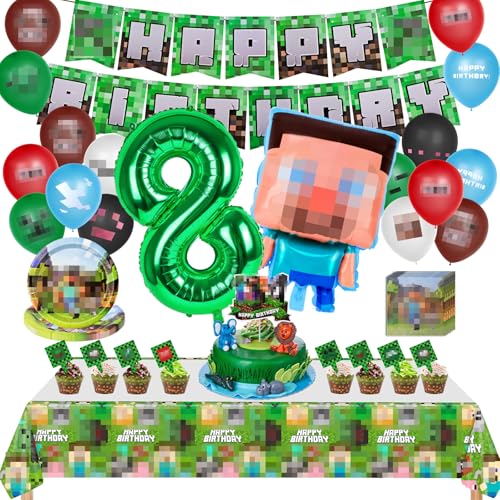 Geburtstagsdekoration 8 Jahre, Dekoration für Kindergeburtstage, 107 Stück Kit Luftballons Geburtstag mit Banner, Luftballons, Kuchendekoration und Pappteller von WuGU
