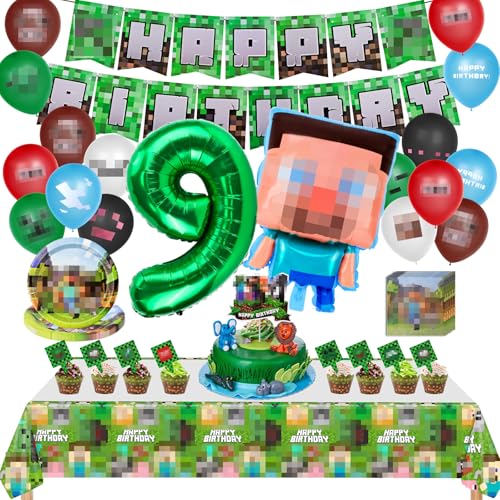 Geburtstagsdekoration 9 Jahre, Dekoration für Kindergeburtstage, 107 Stück Kit Luftballons Geburtstag mit Banner, Luftballons, Kuchendekoration und Pappteller von WuGU