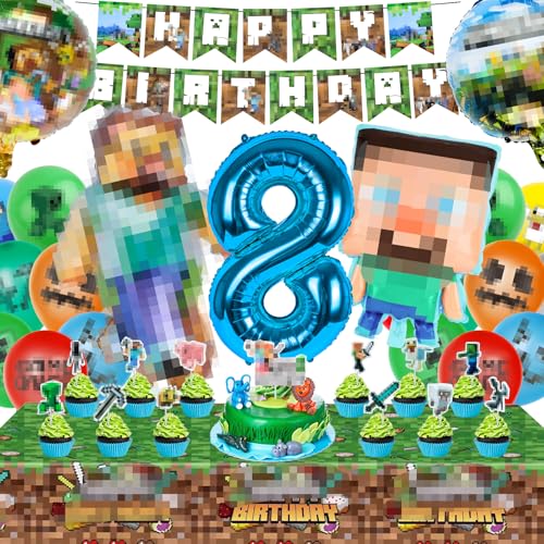 Luftballons Geburtstag Kinder, Miner Geburtstagsdeko 8 Jahre Junge Mädchen,Miner Spielthema Partyzubehör Set Enthält Happy Birthday Banner Luftballons Tischdecke Party Deko Set von WuGU